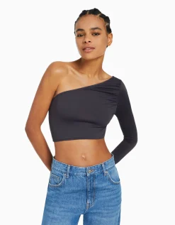 BERSHKA Top asymétrique manche longue Noir Best