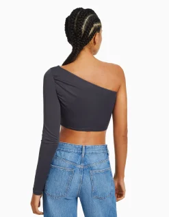 BERSHKA Top asymétrique manche longue Noir Best
