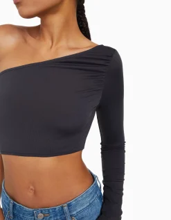 BERSHKA Top asymétrique manche longue Noir Best