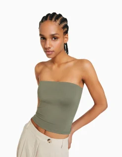 BERSHKA Top bandeau Blanc cassé Discount