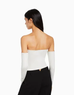 BERSHKA Top bandeau manches longues imprimé Nirvana Blanc Shop
