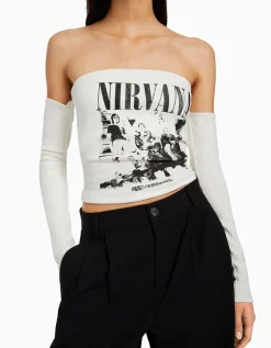BERSHKA Top bandeau manches longues imprimé Nirvana Blanc Shop