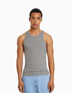 BERSHKA Top bretelles bord-côte Gris Discount