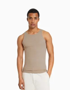 BERSHKA Top bretelles bord-côte Camel Sale