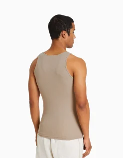 BERSHKA Top bretelles bord-côte Camel Sale