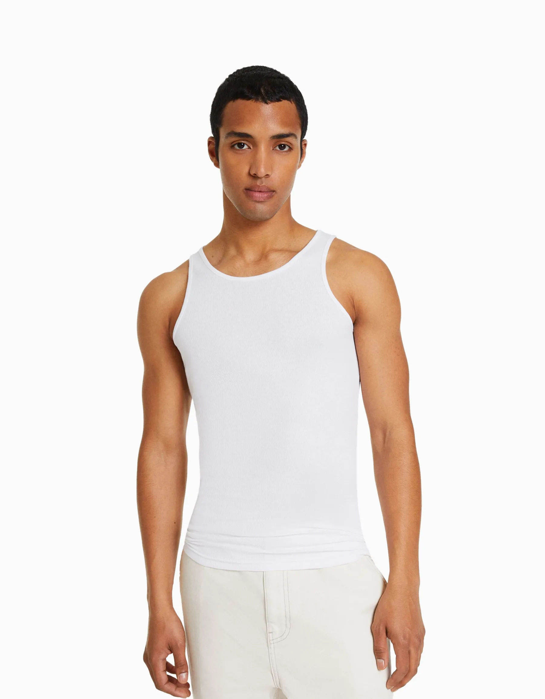 BERSHKA Top bretelles bord-côte Blanc Store