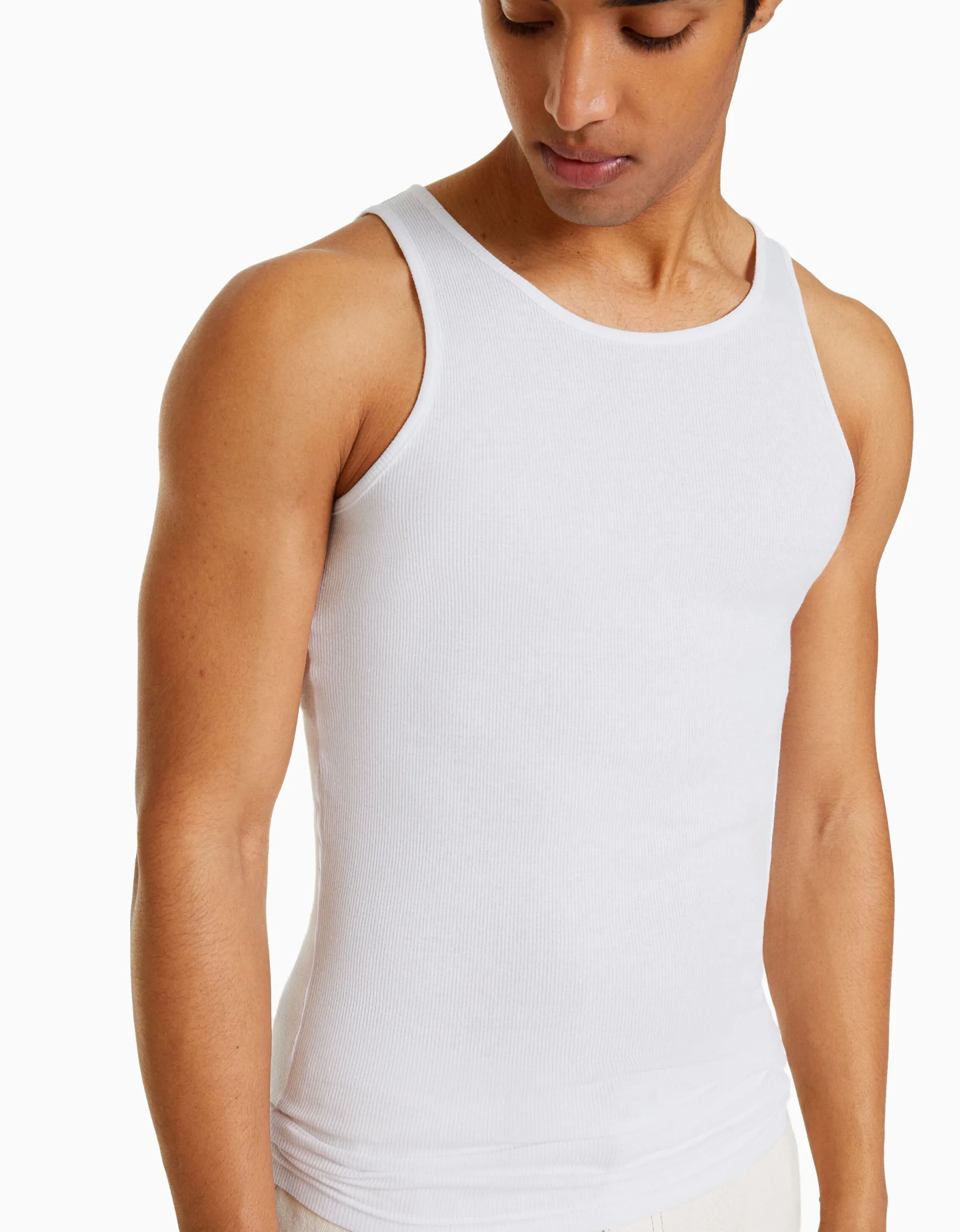 BERSHKA Top bretelles bord-côte Blanc Store
