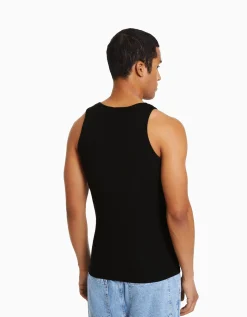 BERSHKA Top bretelles bord-côte Noir Cheap