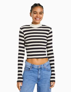 BERSHKA Top col montant manches longues Blanc cassé Hot