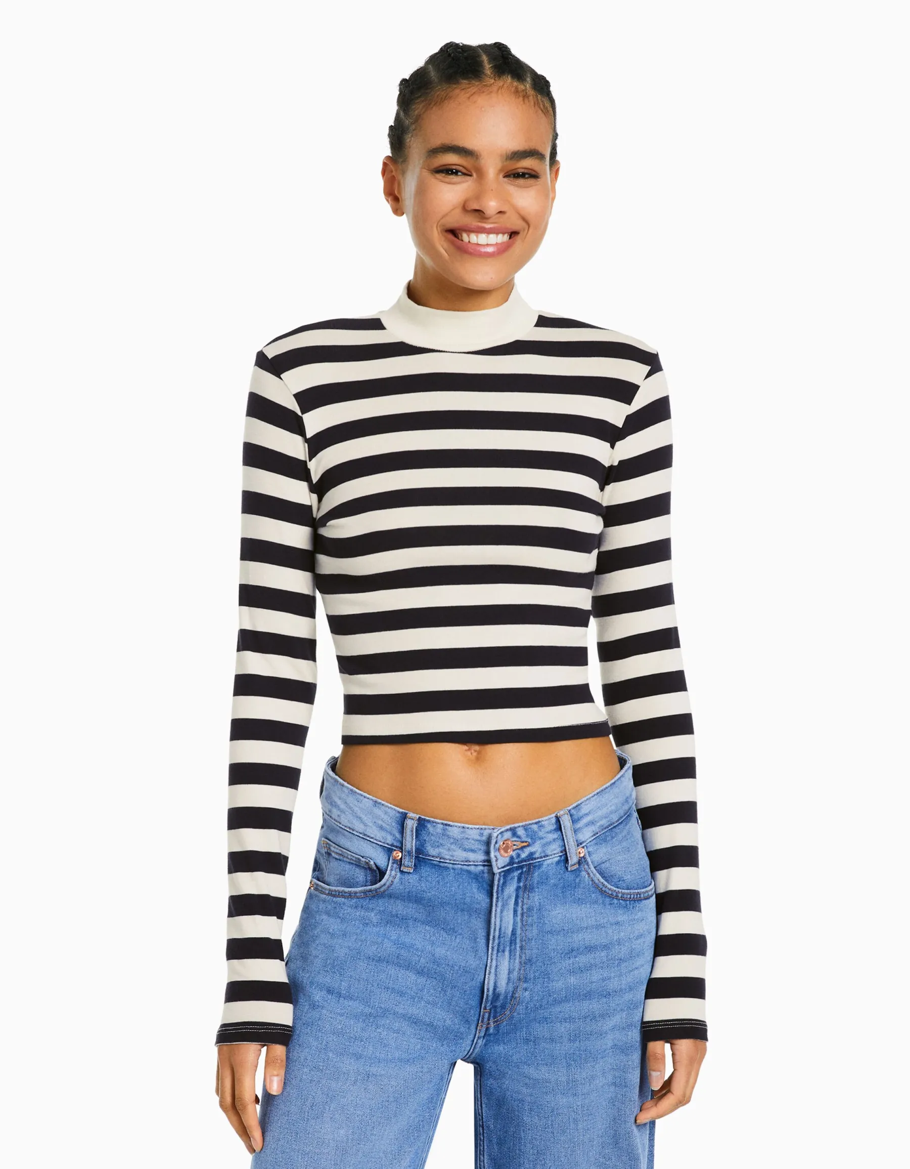 BERSHKA Top col montant manches longues Blanc cassé Hot