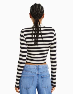 BERSHKA Top col montant manches longues Blanc cassé Hot