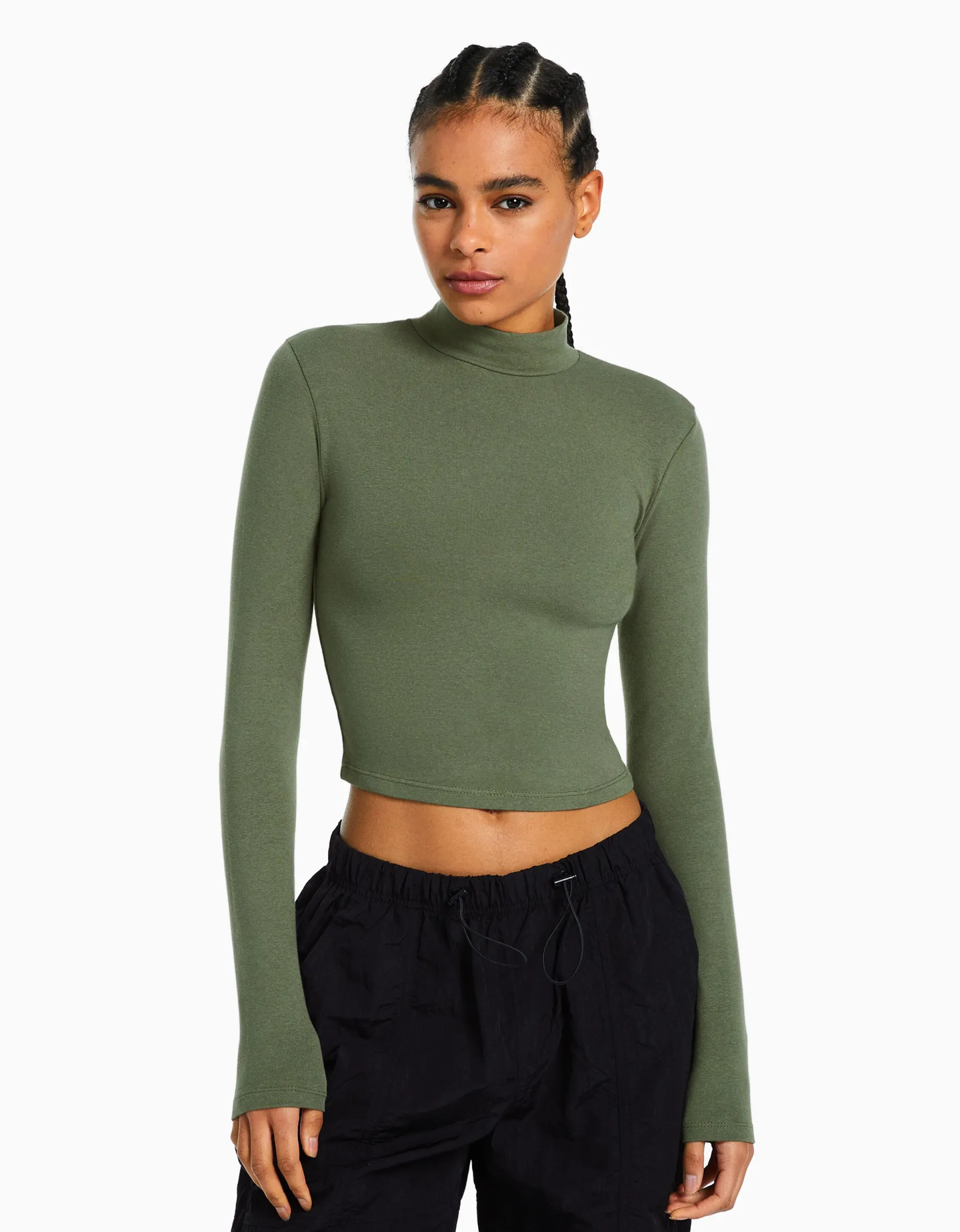 BERSHKA Top col montant manches longues Blanc cassé Store