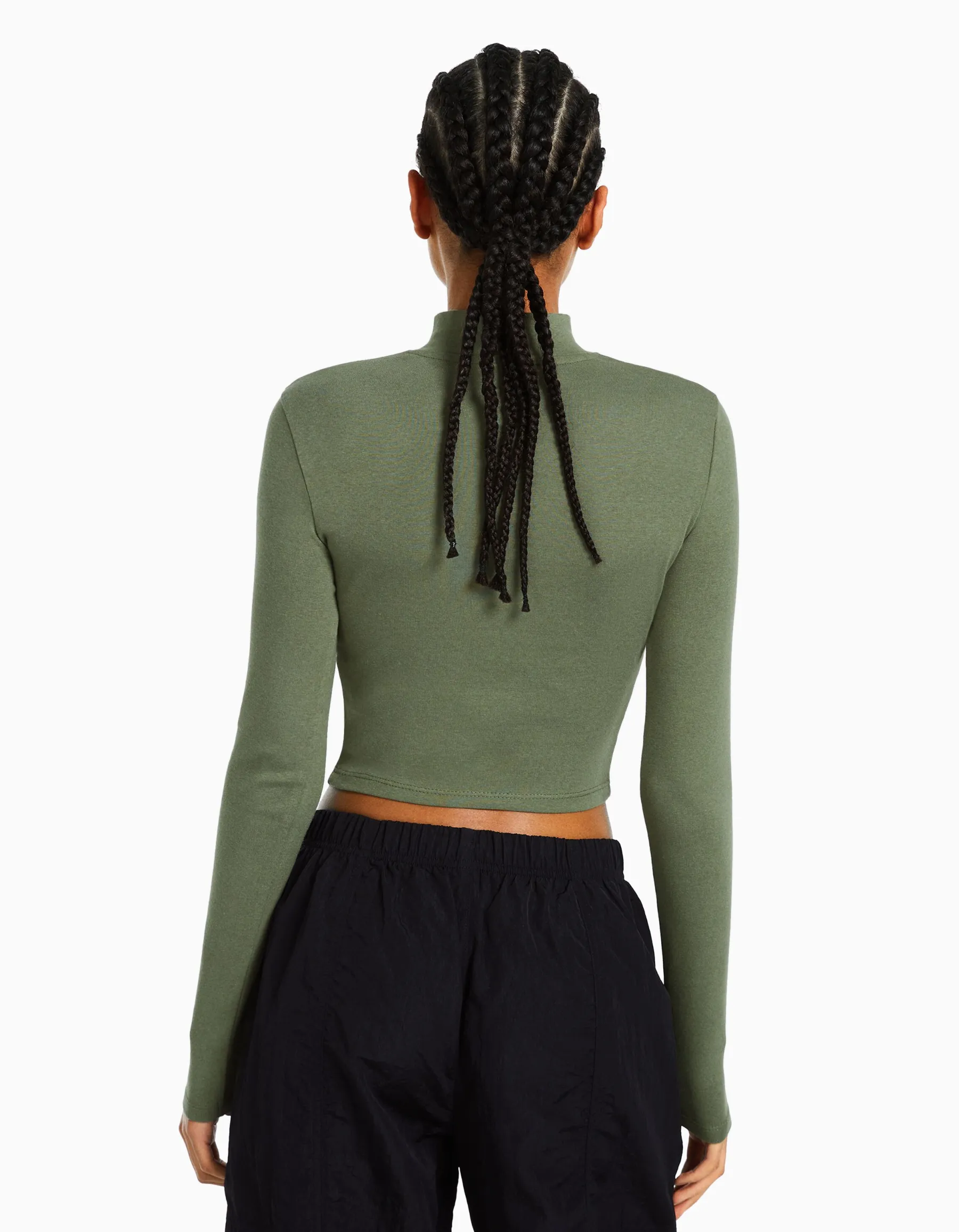 BERSHKA Top col montant manches longues Blanc cassé Store
