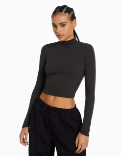BERSHKA Top col montant manches longues Blanc cassé Cheap