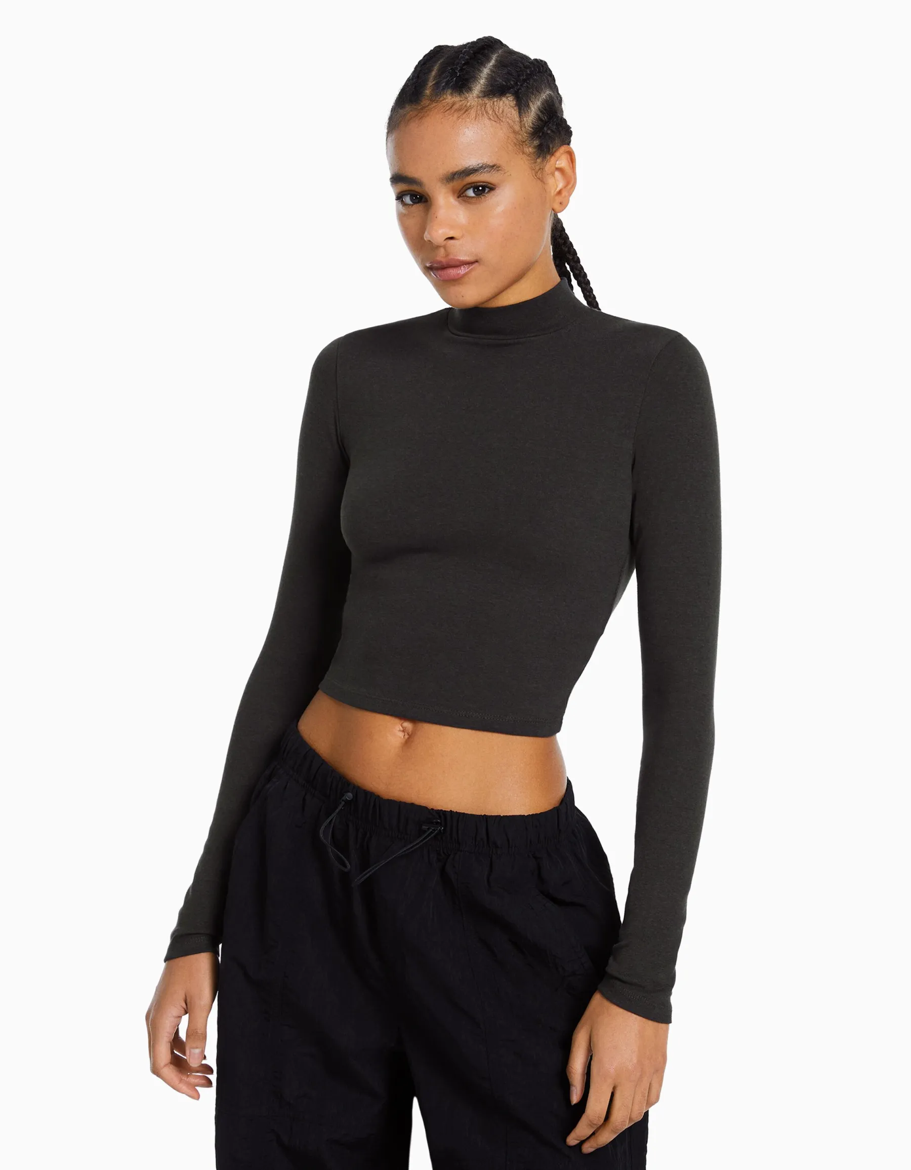 BERSHKA Top col montant manches longues Blanc cassé Cheap
