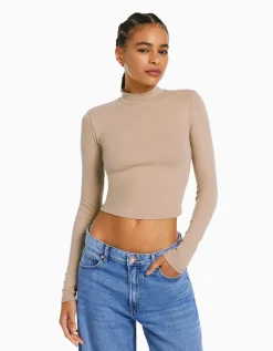BERSHKA Top col montant manches longues Blanc cassé Shop