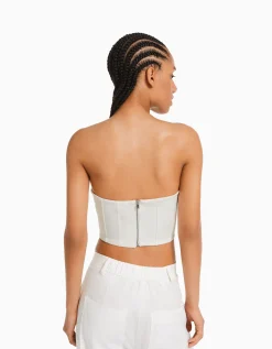 BERSHKA Top corset bandeau Noir Outlet