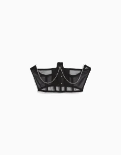 BERSHKA Top corset organza chaîne Noir New
