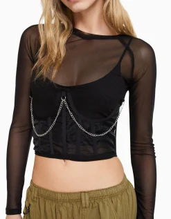 BERSHKA Top corset organza chaîne Noir New