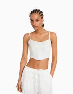 BERSHKA Top corset satiné bretelles fines Bleu clair Hot