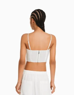 BERSHKA Top corset satiné bretelles fines Bleu clair Hot