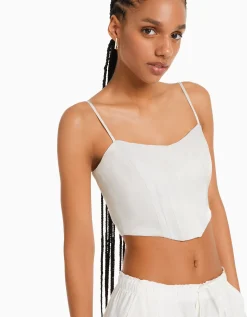 BERSHKA Top corset satiné bretelles fines Bleu clair Hot