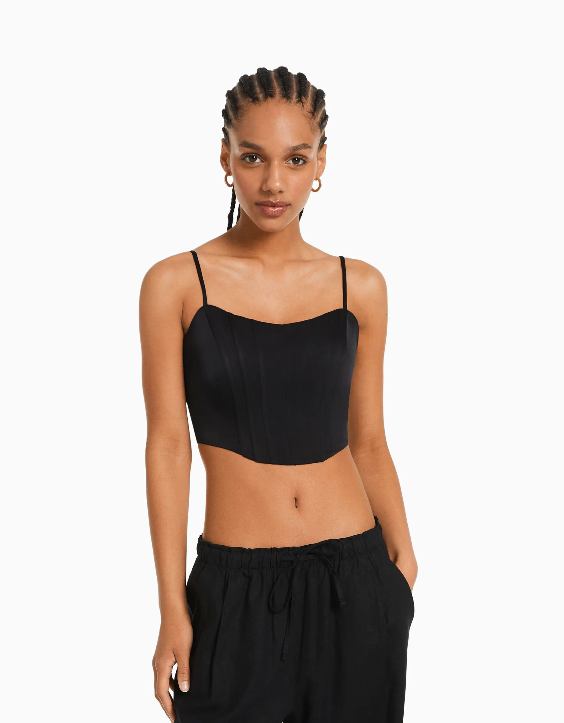 BERSHKA Top corset satiné bretelles fines Noir Discount