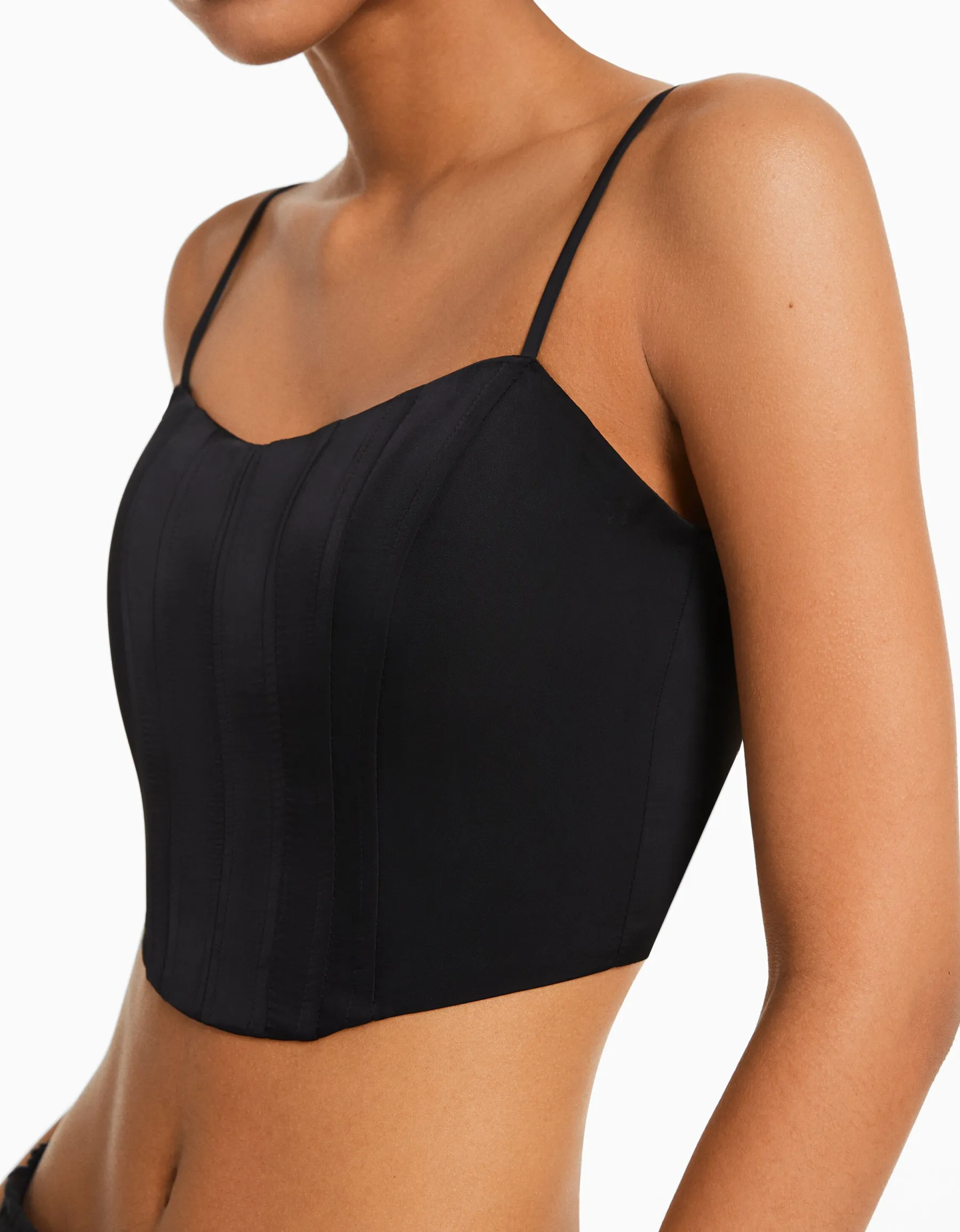 BERSHKA Top corset satiné bretelles fines Noir Discount