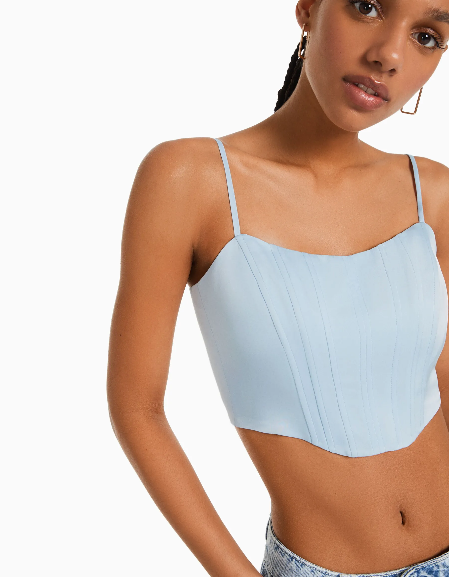 BERSHKA Top corset satiné bretelles fines Noir Best