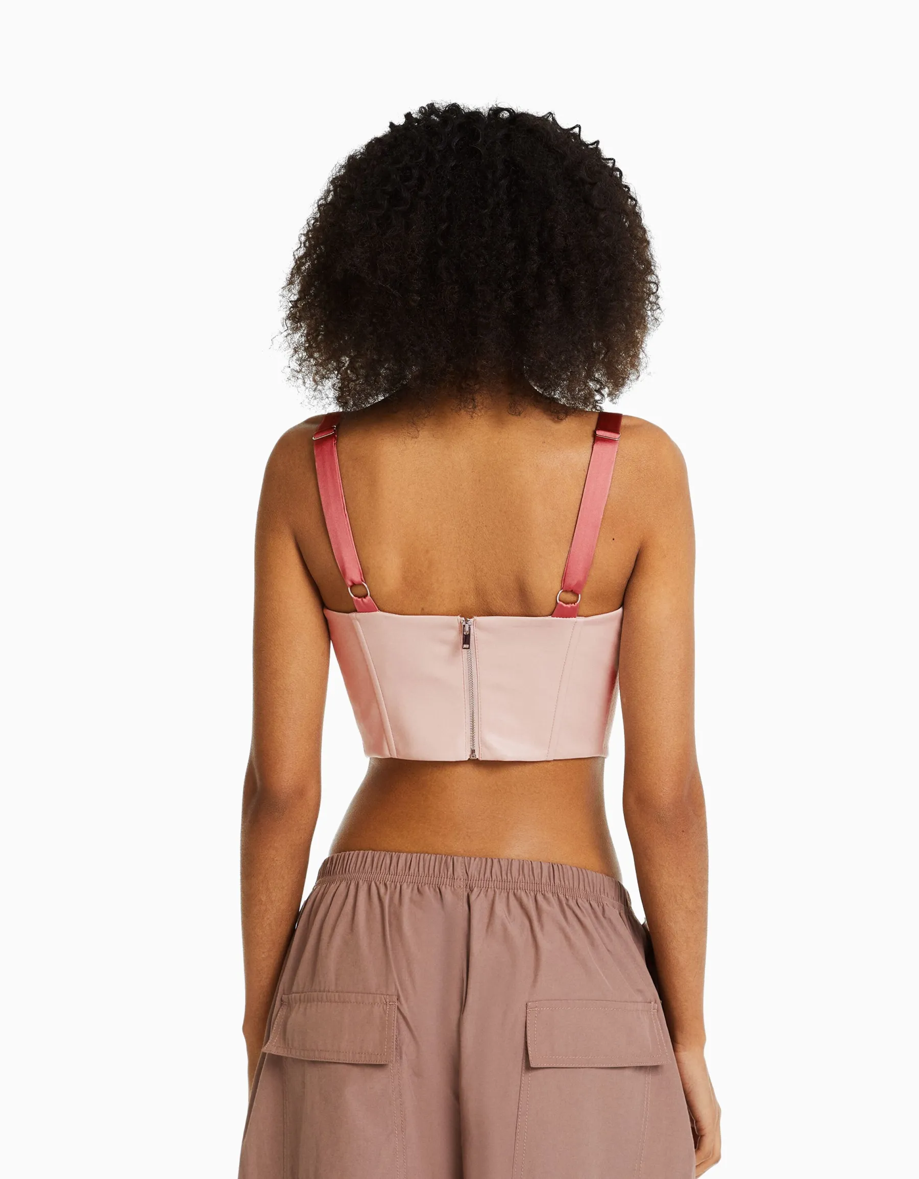 BERSHKA Top corset similicuir bretelles et laçage satinés Rose Best Sale