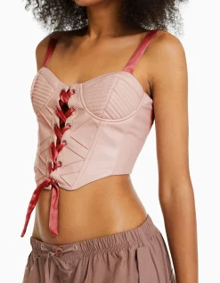 BERSHKA Top corset similicuir bretelles et laçage satinés Rose Best Sale