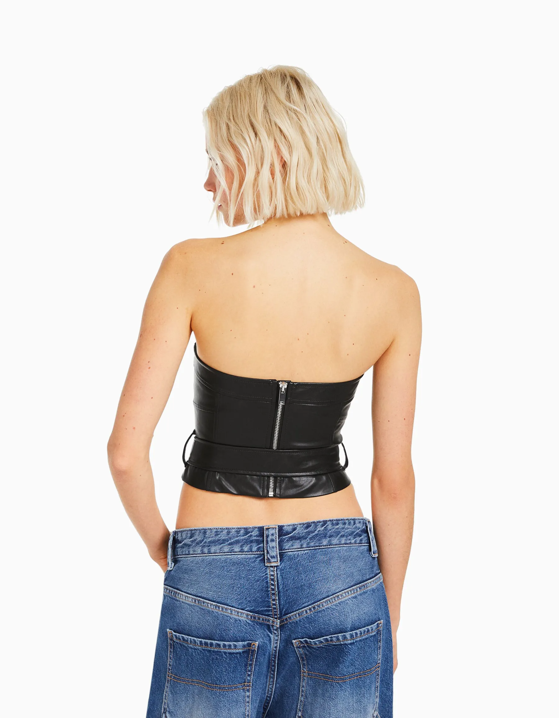 BERSHKA Top corset similicuir ceinture Noir New