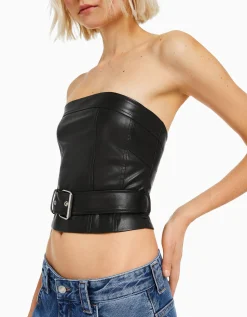 BERSHKA Top corset similicuir ceinture Noir New