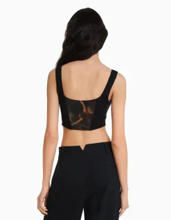 BERSHKA Top corset tulle imprimé Art Series Noir Hot