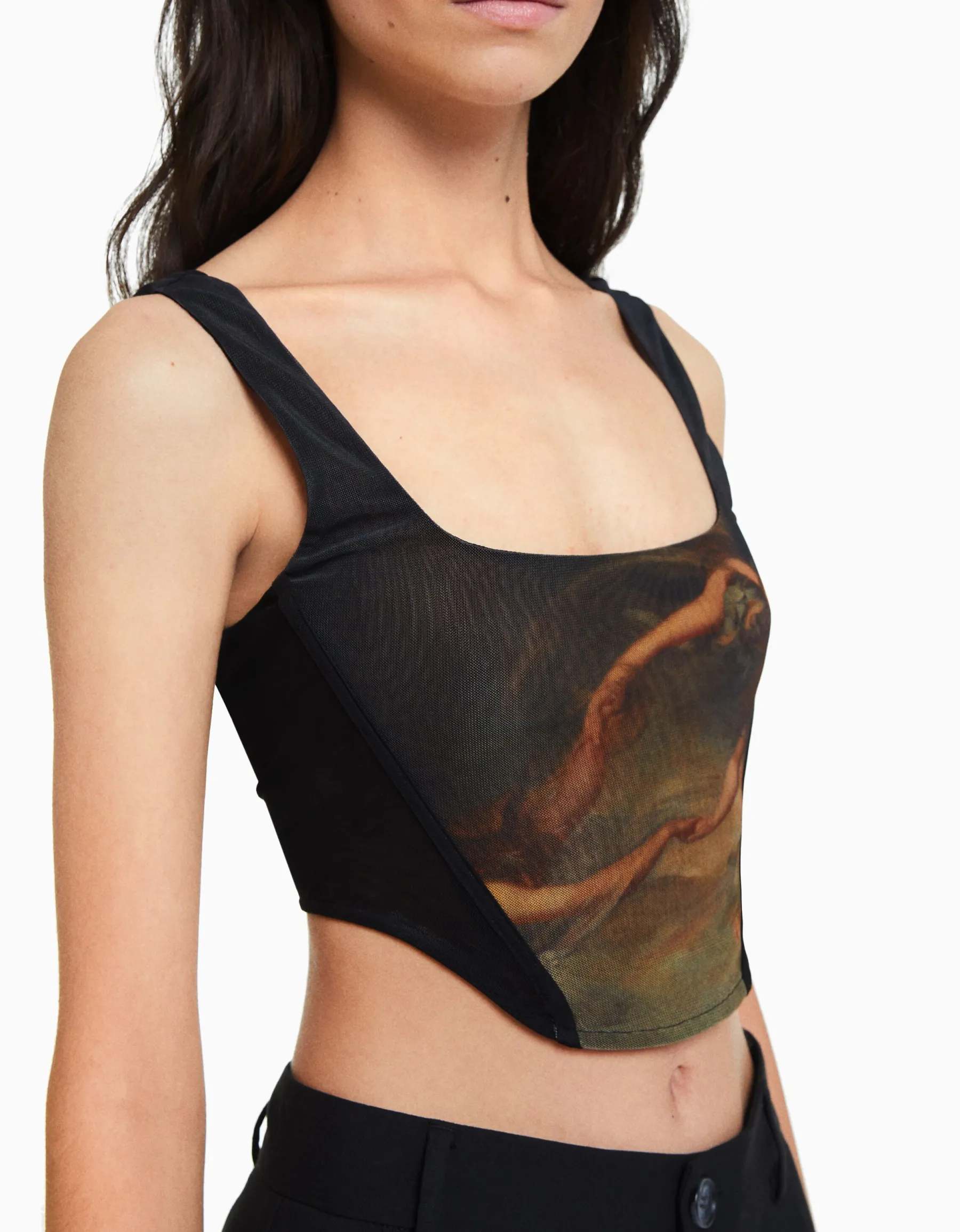 BERSHKA Top corset tulle imprimé Art Series Noir Hot