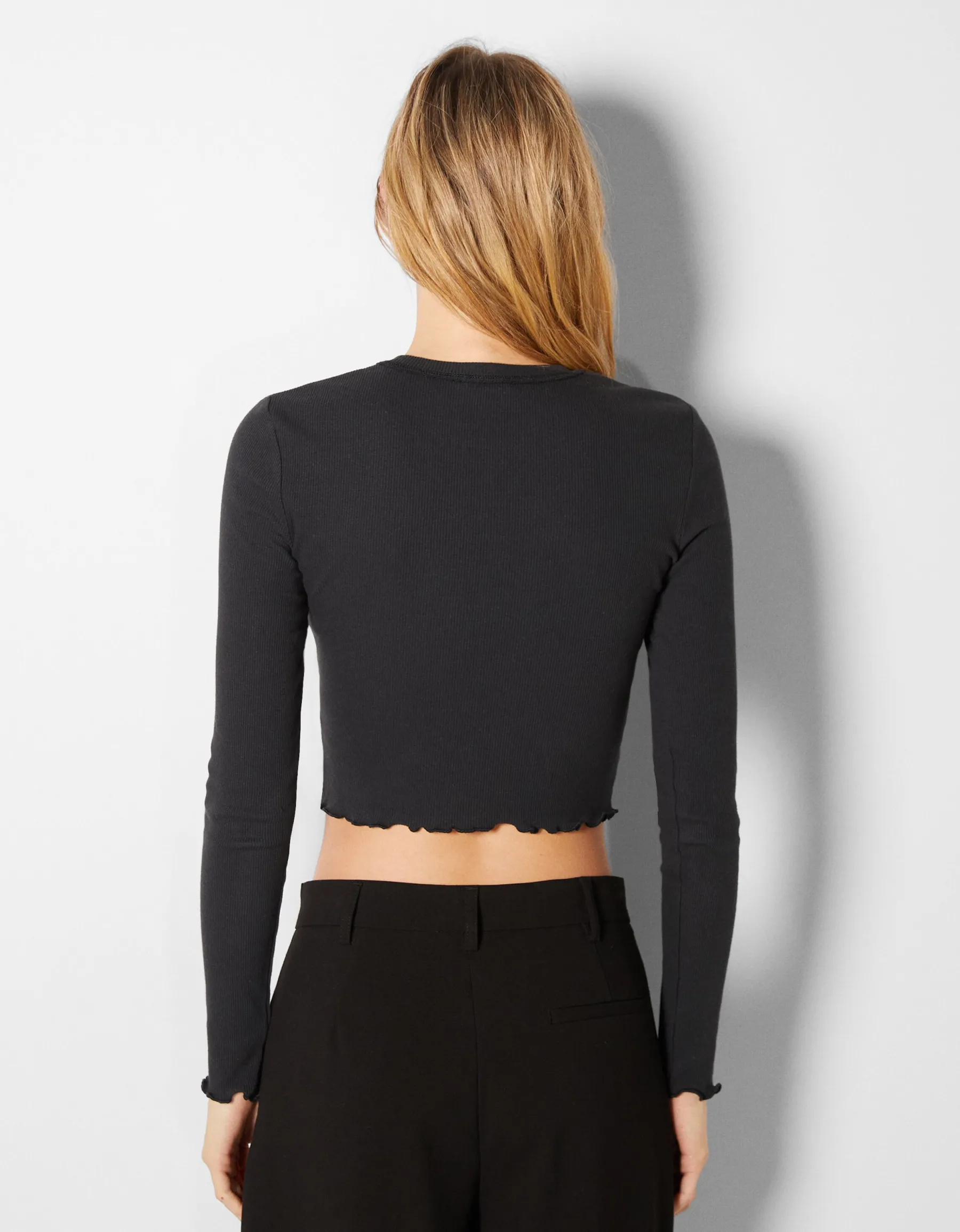 BERSHKA Top cropped manches longues imprimé Vert Hot