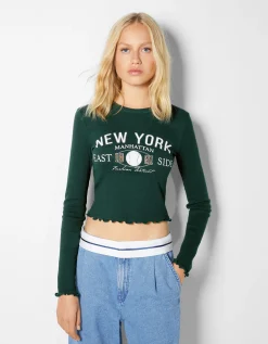 BERSHKA Top cropped manches longues imprimé Vert Outlet