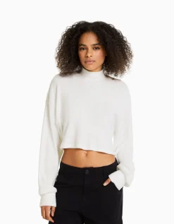 BERSHKA Top cropped manches longues col montant Vert Clearance