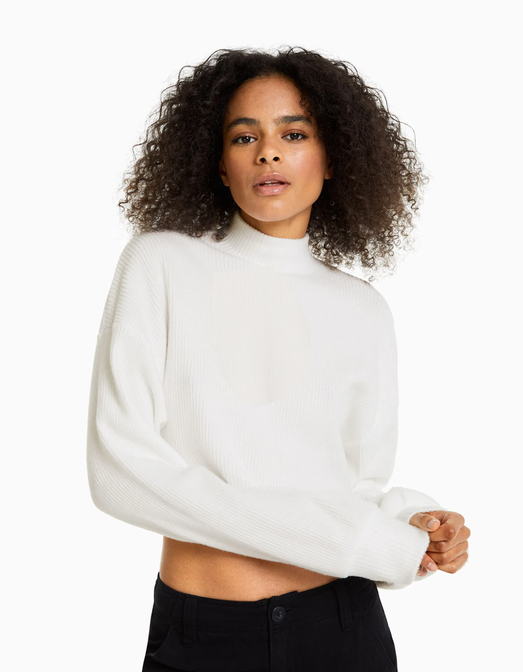BERSHKA Top cropped manches longues col montant Vert Clearance