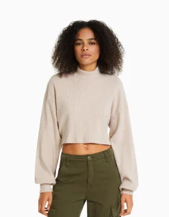 BERSHKA Top cropped manches longues col montant Vert Sale