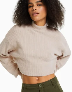 BERSHKA Top cropped manches longues col montant Vert Sale