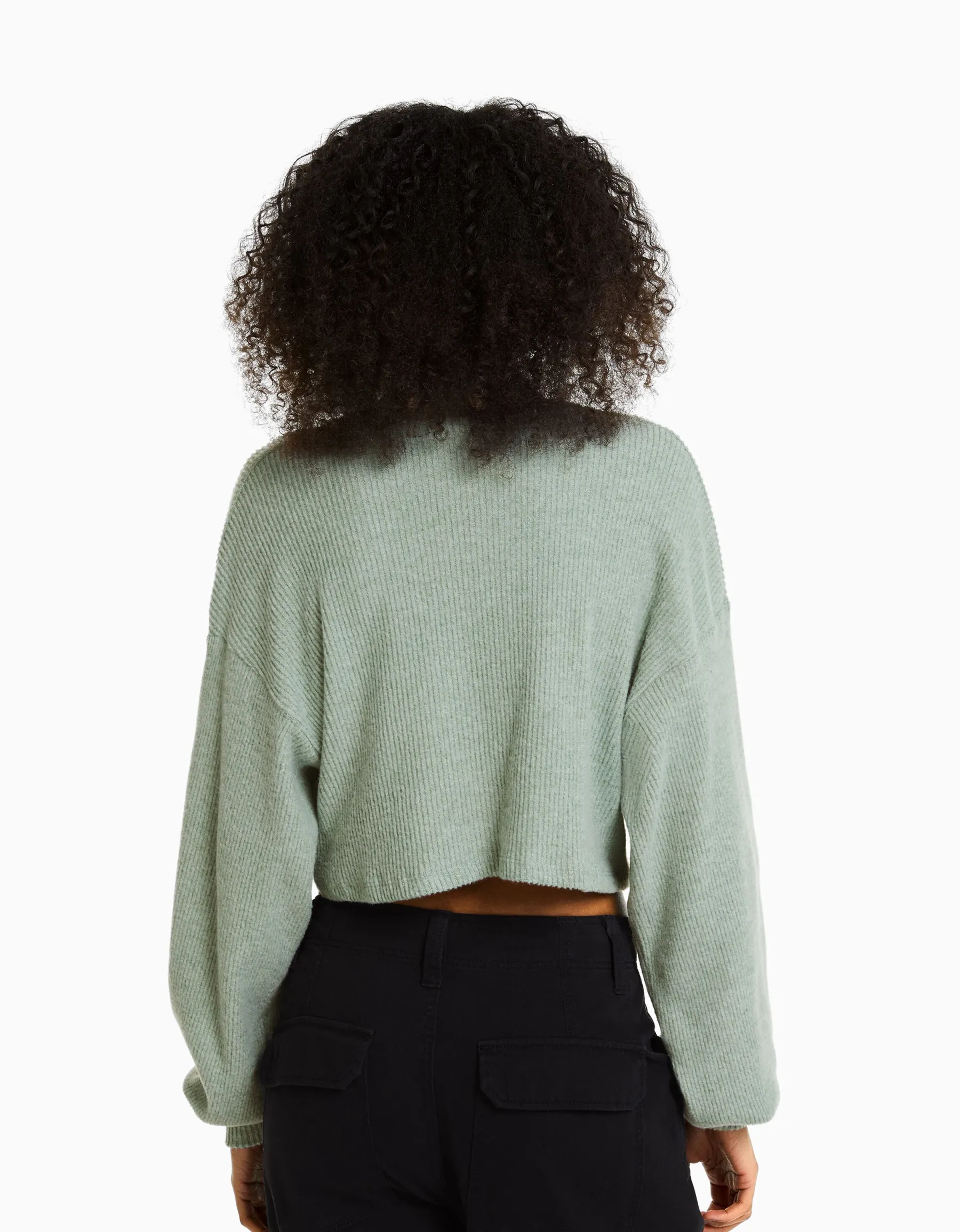 BERSHKA Top cropped manches longues col montant Vert Clearance