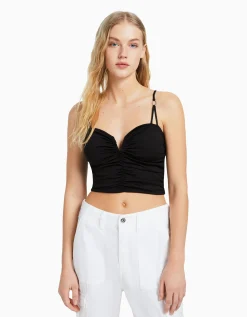BERSHKA Top froncé détail décolleté Noir Discount