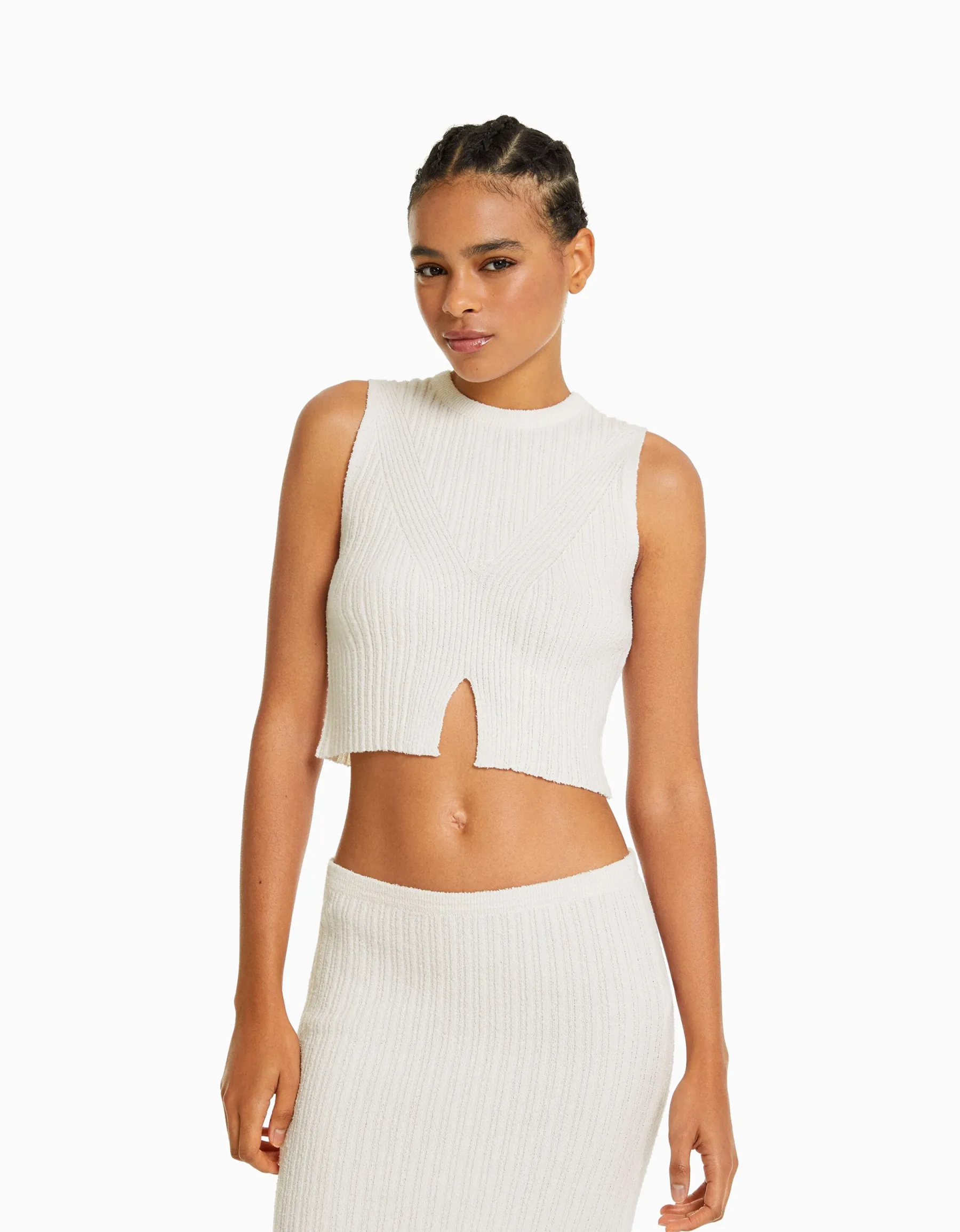 BERSHKA Top maille rustique Écru Shop
