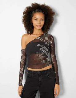 BERSHKA Top manches longues asymétrique tulle Blanc / Noir Best Sale