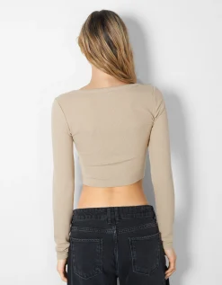 BERSHKA Top manches longues bord-côte texturé Noir Clearance