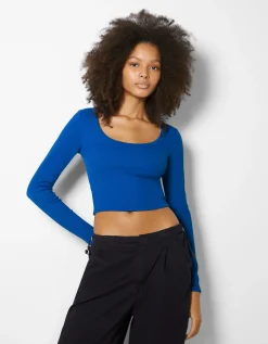 BERSHKA Top manches longues bord-côte texturé Noir Discount
