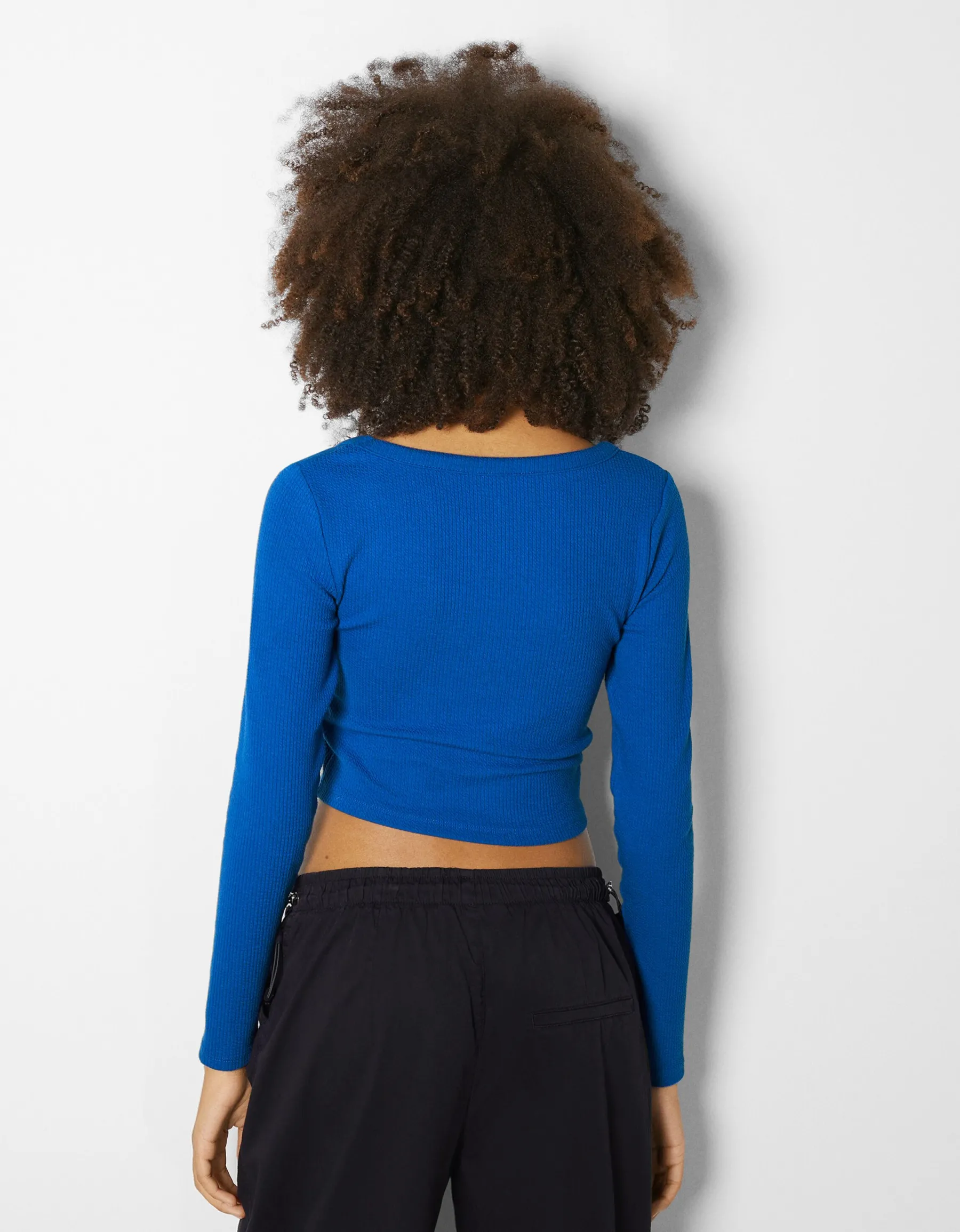 BERSHKA Top manches longues bord-côte texturé Noir Discount