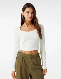 BERSHKA Top manches longues bord-côte texturé Noir Outlet