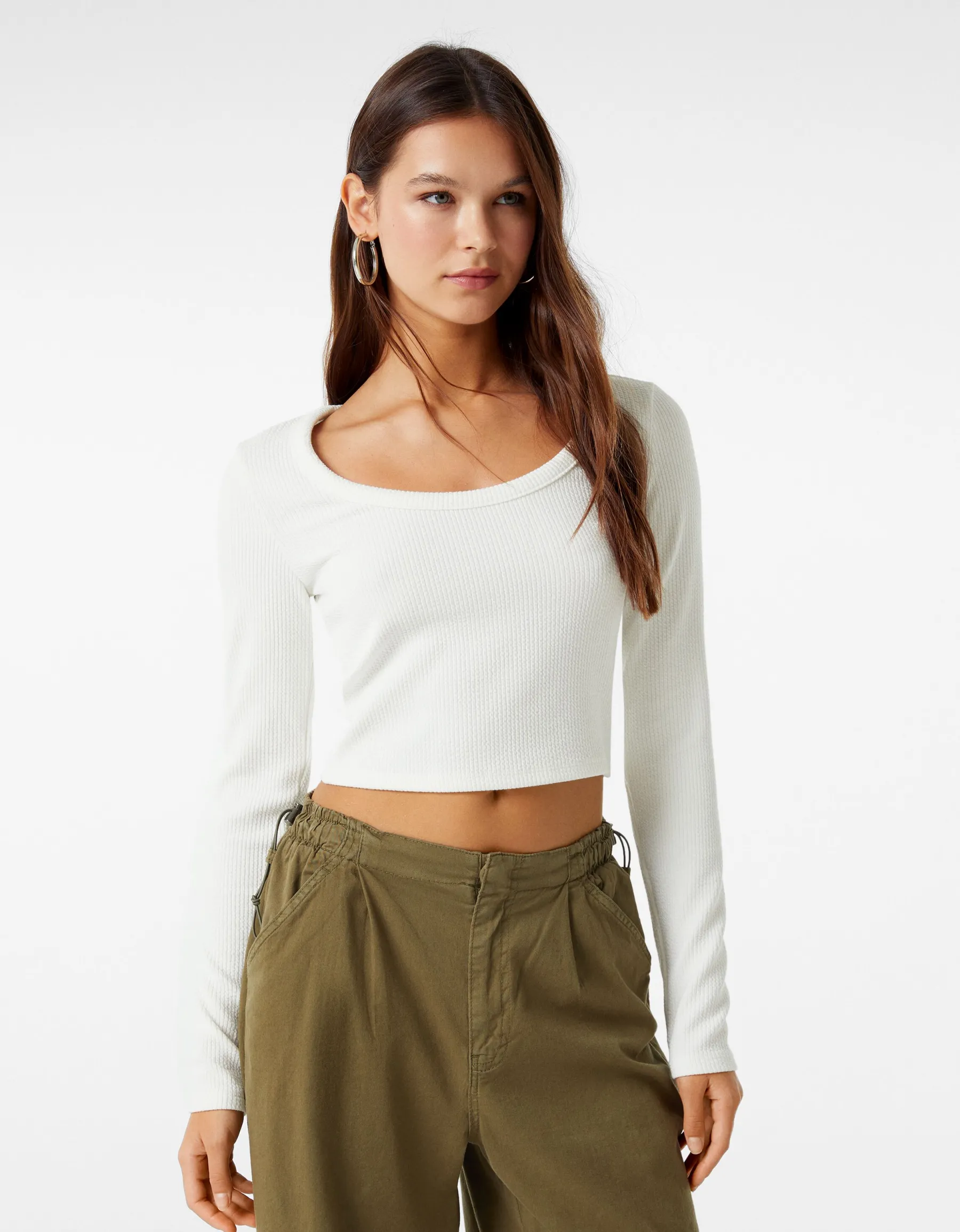 BERSHKA Top manches longues bord-côte texturé Noir Outlet